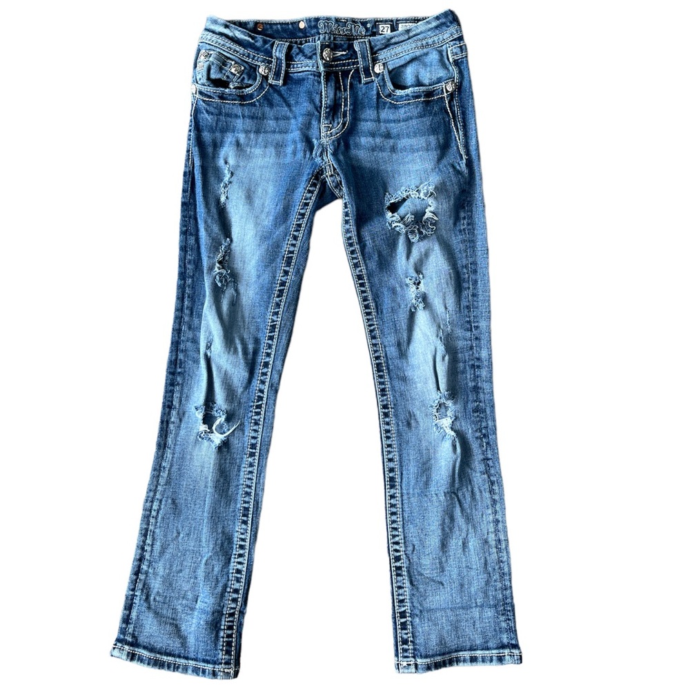 Miss Me Women’s Signature Capri Cropped Distressed Jeweled Bling Denim Jean, 27